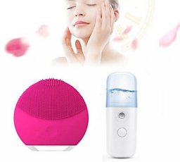 Combo Máy xông mặt, xịt khoáng nano mini cầm tay tiện lợi và Máy rửa mặt rung tạo bọt giúp sạch sâu